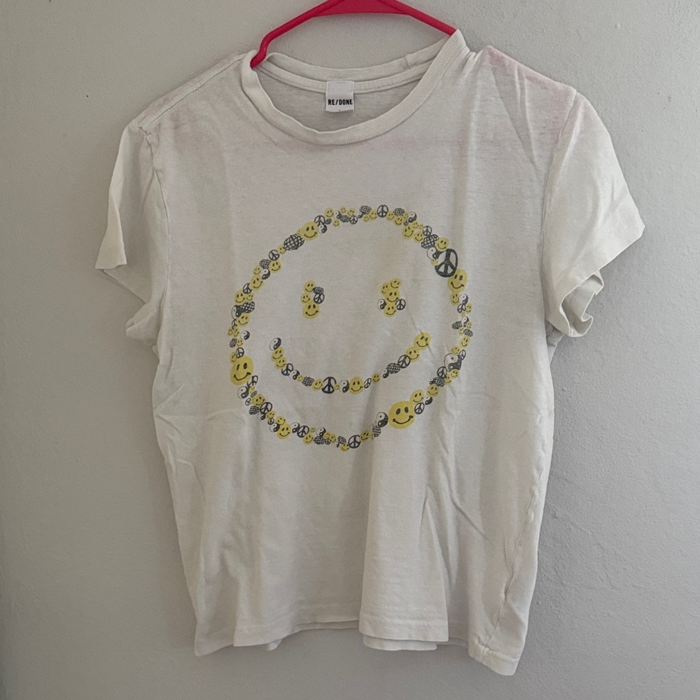 Re/Done Off-White Crewneck T-Shirt size S smiley faces